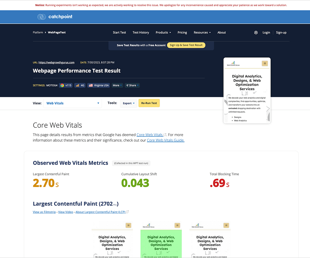 WebPageTest performance results for Web Growth Gurus' website