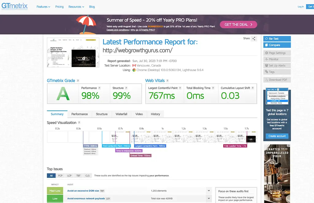 Screenshot of Web Growth Gurus' top-tier performance results on GTmetrix analysis tool.