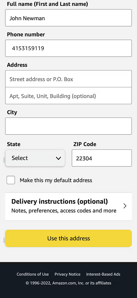 Mobile screenshot of Amazon's optimized UX, showcasing effective use of CTA and primary button in checkout flow.