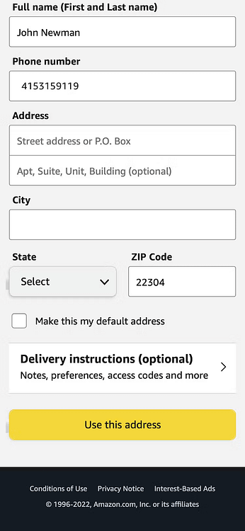 Mobile screenshot of Amazon's optimized UX, showcasing effective use of CTA and primary button in checkout flow.