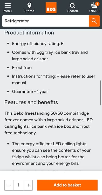 Image displaying B&Q's product page with a well-structured layout using both text blocks and bullet lists for product description.