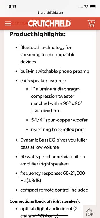 Image showing Crutchfield's 2021 product page, overly reliant on bullet lists for product descriptions.
