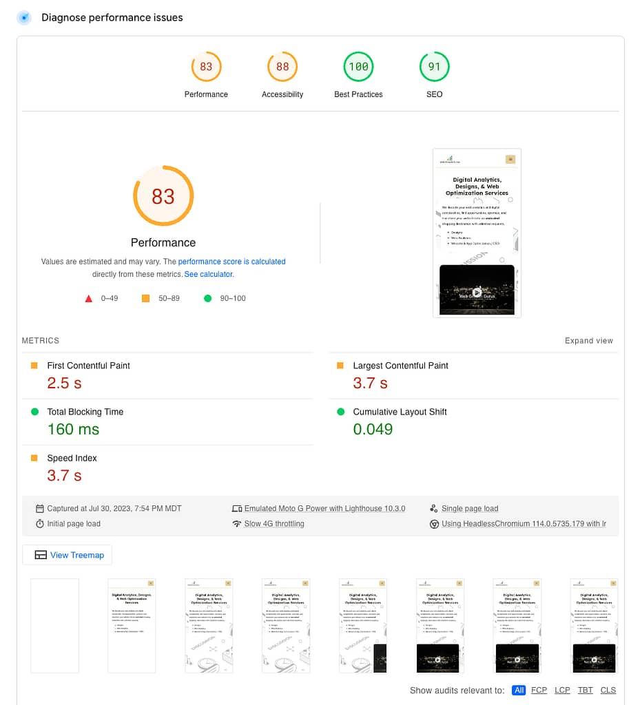 Screenshot of Web Growth Gurus' outstanding page performance results on Google PageSpeed Insights tool. Mobile