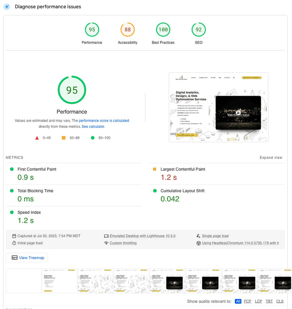 Screenshot of Web Growth Gurus' outstanding page performance results on Google PageSpeed Insights tool. (Desktop)